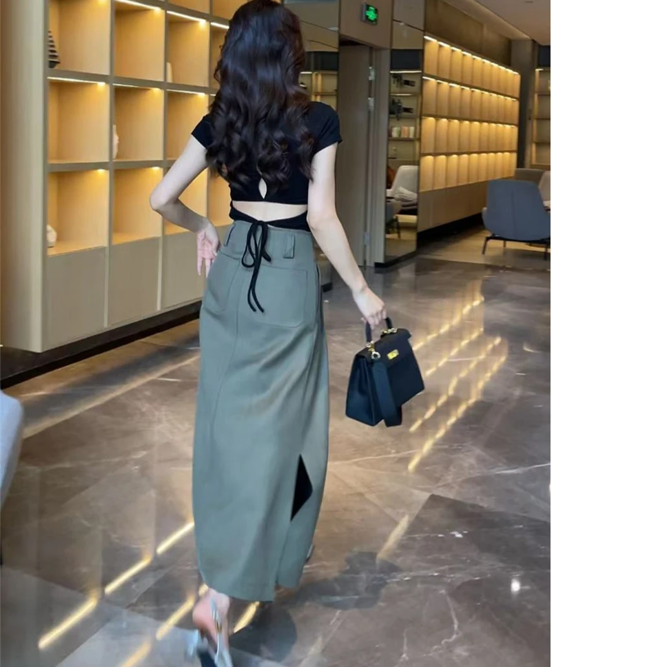 【梦婷家】美式黑色正肩短袖t恤女夏季修身显瘦辣妹短款上衣-25367