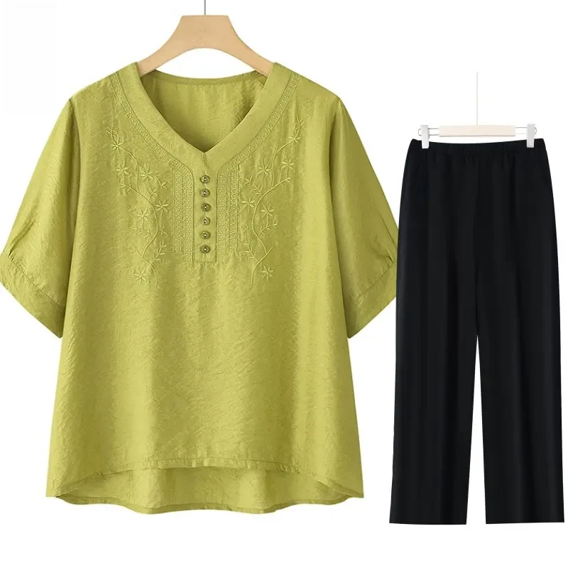 妈妈夏季洋气T恤+裤子套装国风中老年女装大码小衫宽松新中式女装