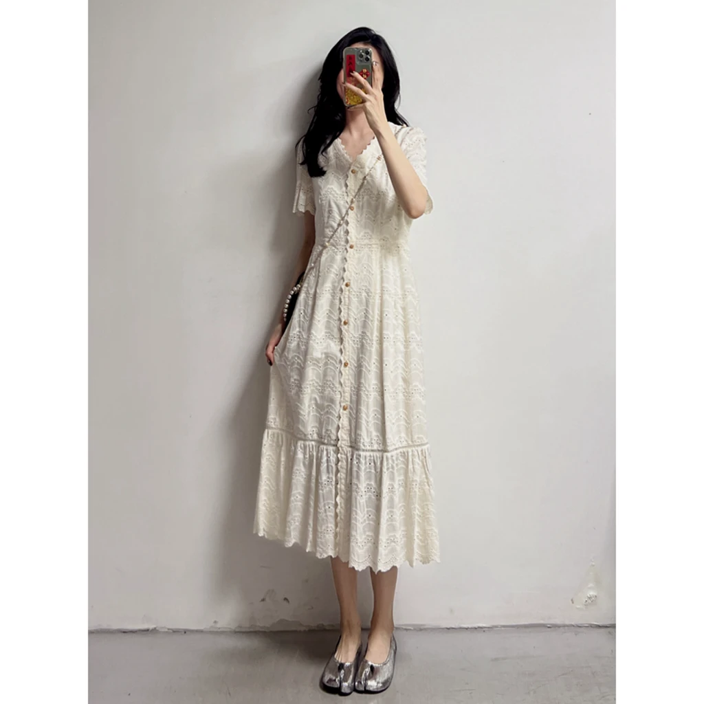 裙长113公分起步~重工刺绣蕾丝荷叶边春夏宽松显瘦系带V领长裙子