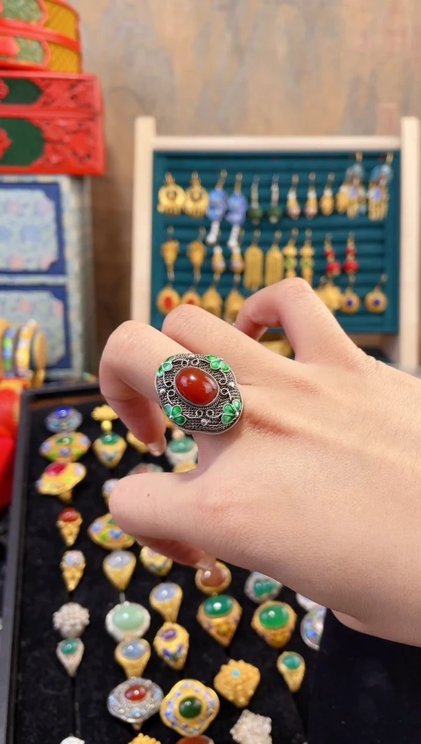 【闪购商品】非遗花丝镶嵌戒指绿花