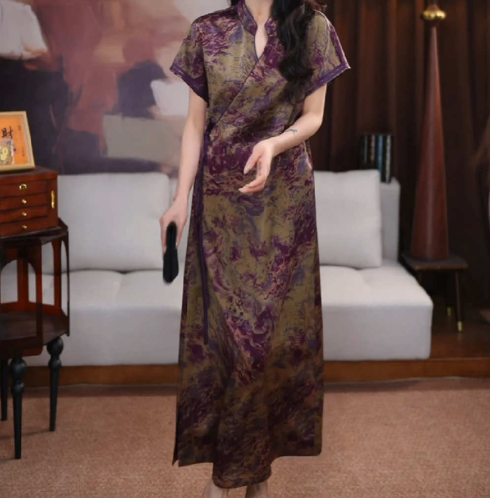 B【灵紫】香云纱长款百搭时尚宽松夏季花新中式气质国风连衣裙