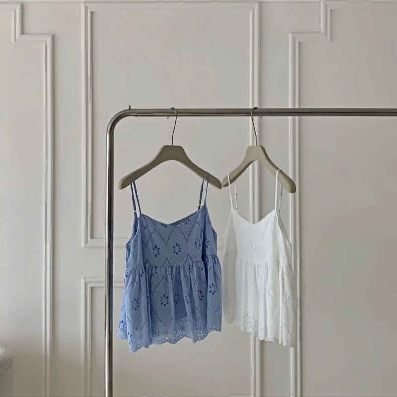 小众穿搭镂空钩花吊带背心女夏季减龄娃娃衫度假风无袖上衣8416
