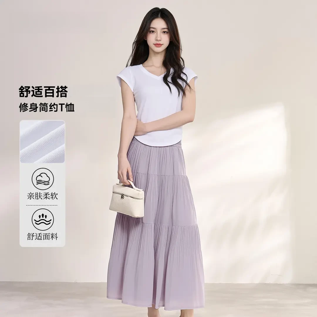 夏季休闲显瘦修身收腰短袖高腰A字女百搭柔软简约亲肤舒适气质