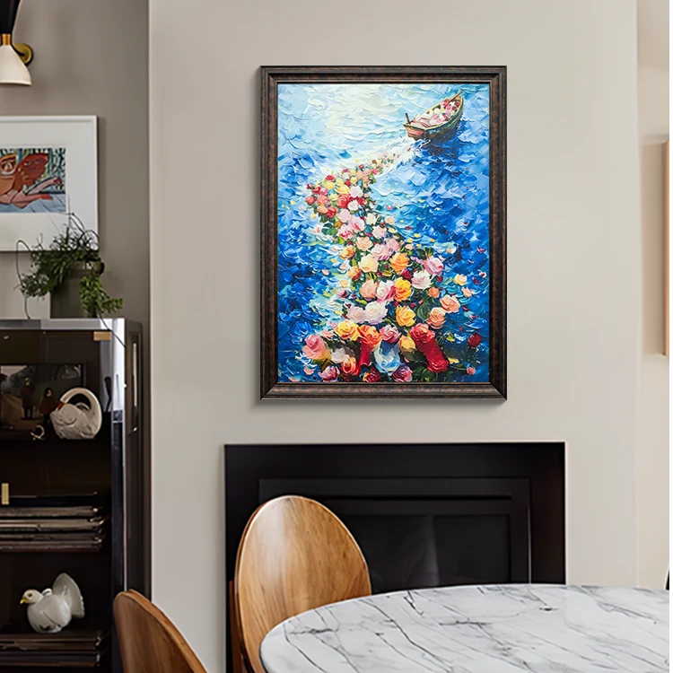 美式玄关装饰画正对门走廊过道挂画卧室房间高级感帆船花开6080