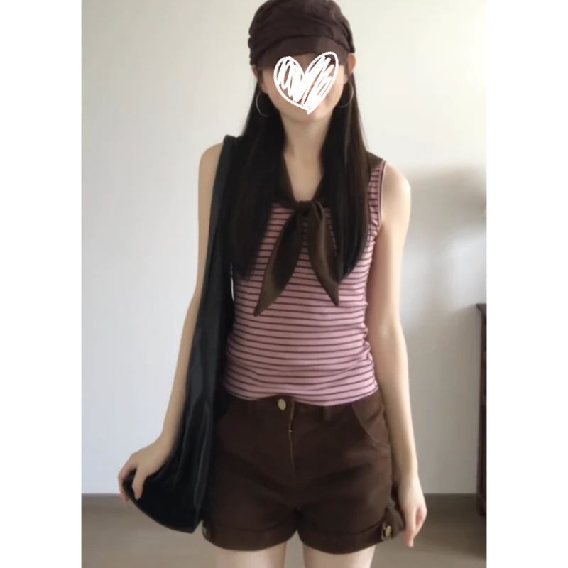 2025年夏季新款韩系穿搭条纹绑带设计感无袖背心修身显瘦百搭上衣