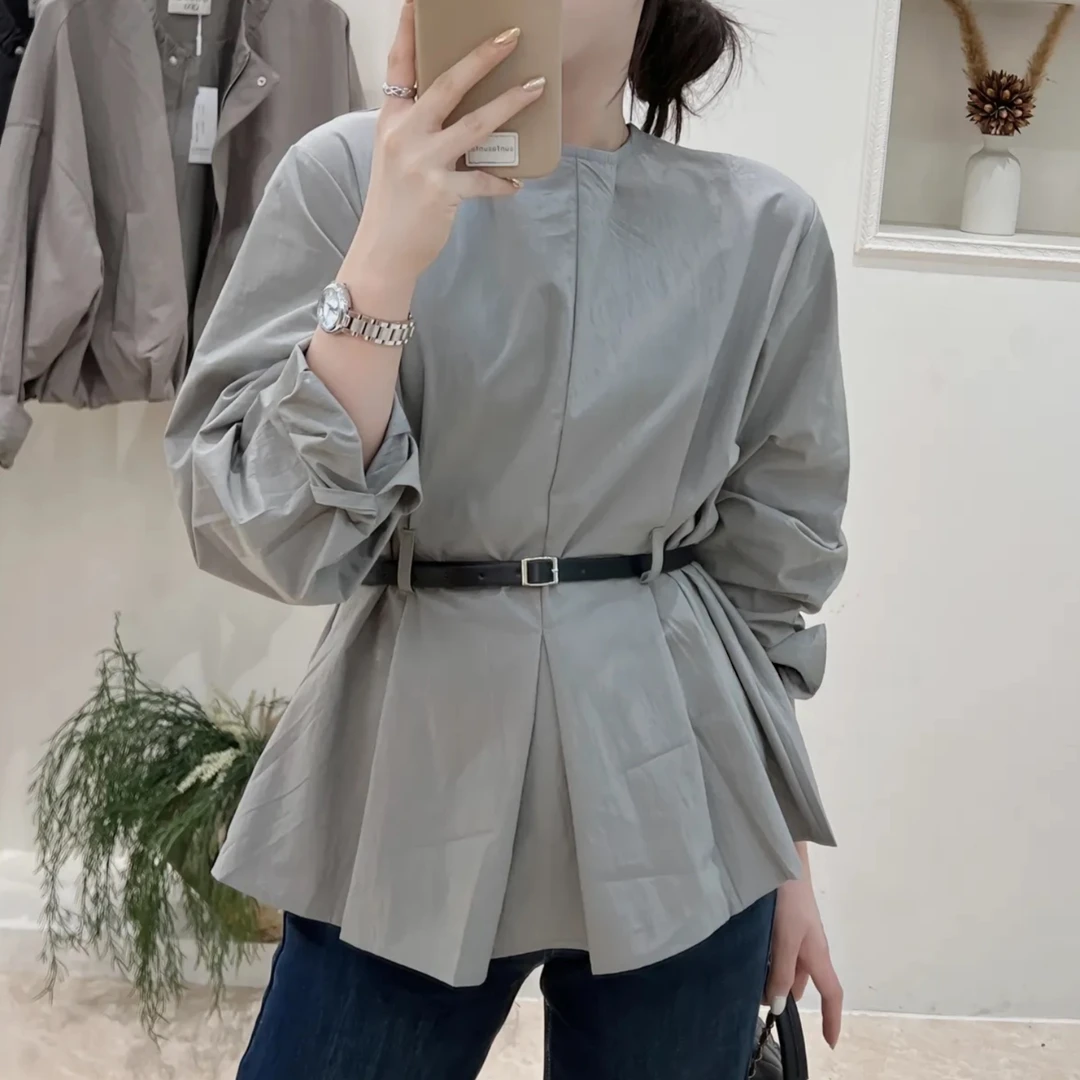 大码胖mm2025秋季女装新款时尚纯色长袖衬衫收腰显瘦减龄别致上衣