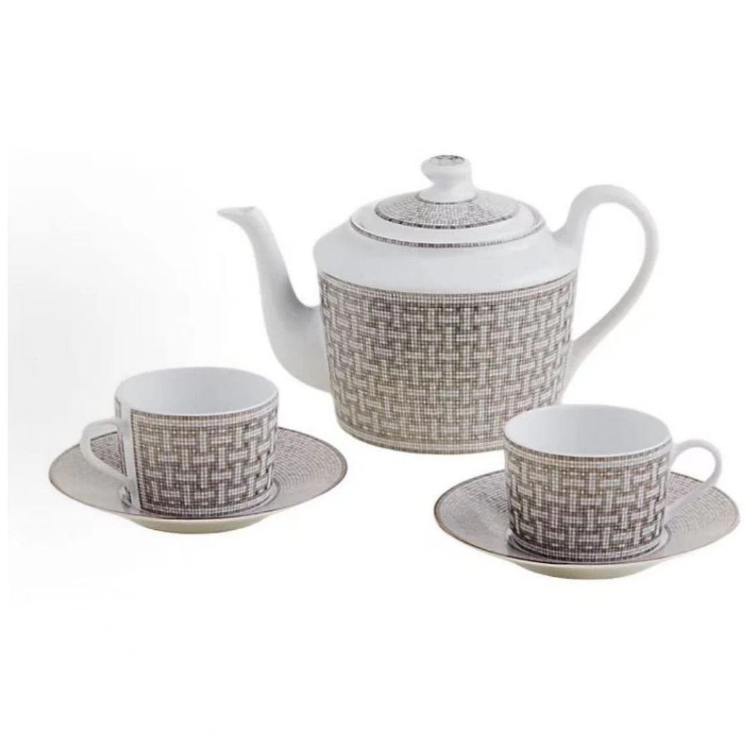 未使用 Hermes/爱马仕 小花Jerry 铂金色马赛克 杯碟茶壶套装