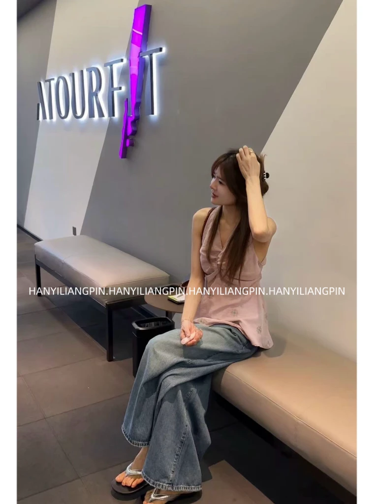 【粉色小花】法式V领设计感无袖上衣