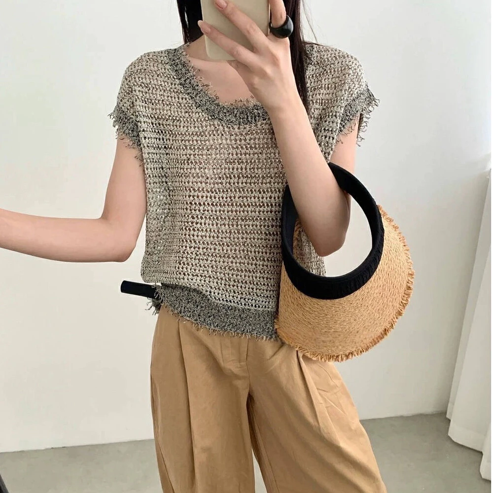 亚麻灰色针织流苏毛边宽松马甲坎肩高级2025新款夏季显瘦时髦女士