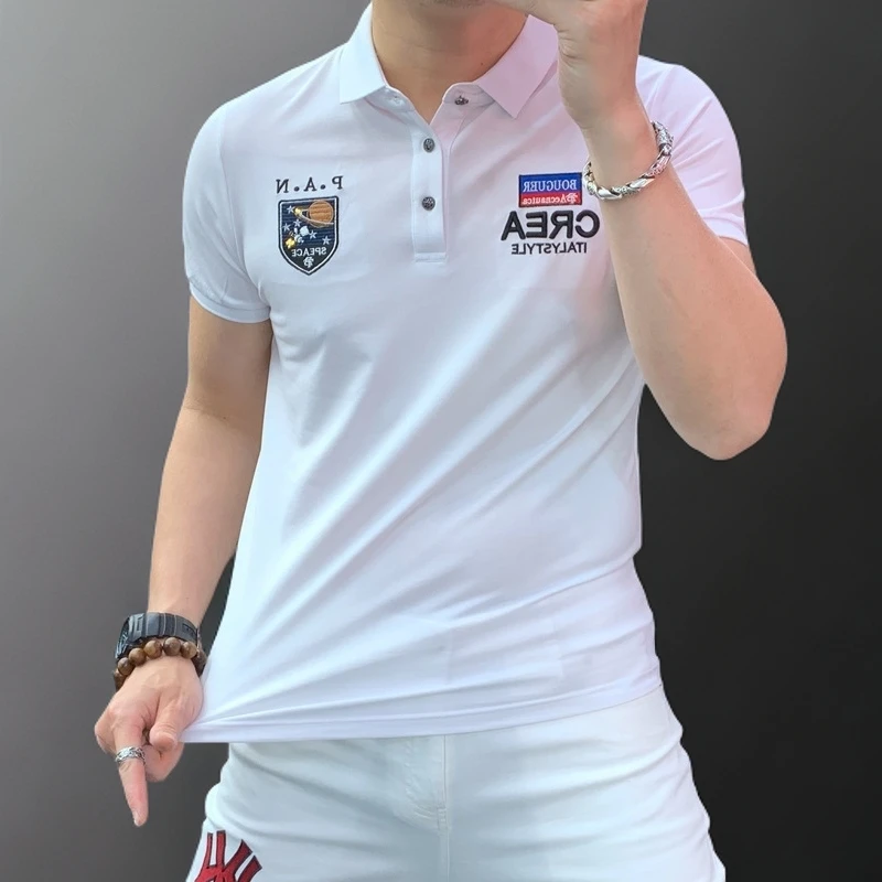 高端新款翻领气质简约冰丝polo衬衫领男士夏季短袖T上衣舒适透气
