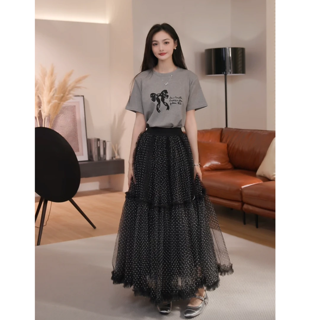 【贝贝】2025春夏设计感高腰显瘦显高气质黑色中长款半身裙BL-4114