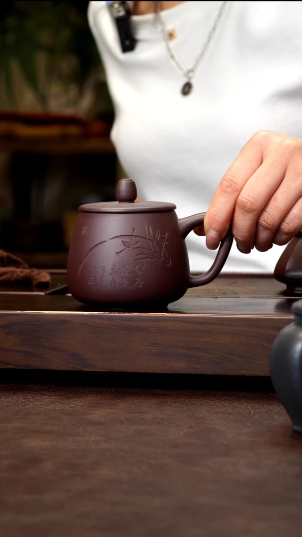 茶壶紫砂紫泥刻绘办公杯-