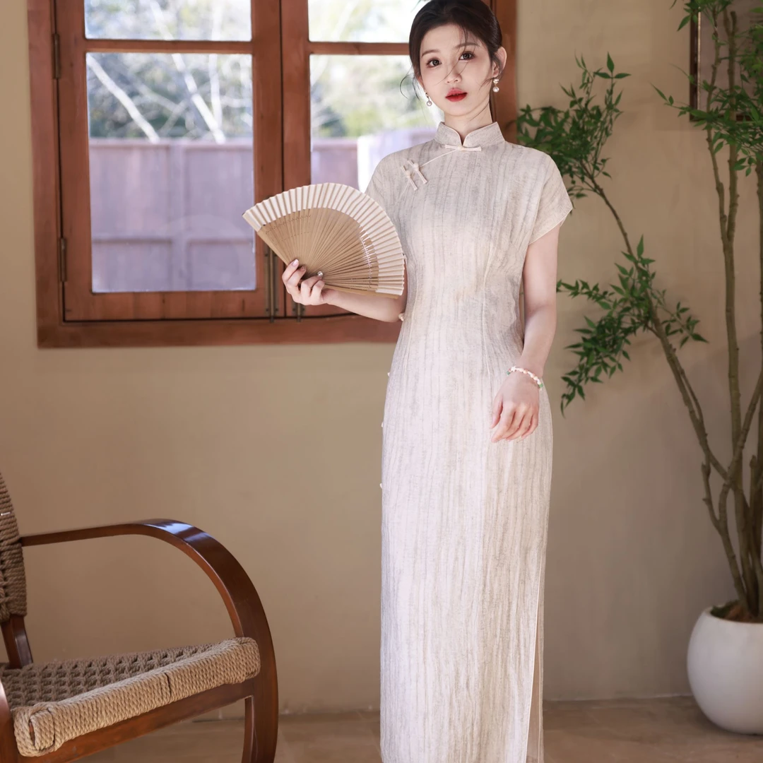 青未了【锦月】25夏季新款斜纹麻气质国风新中式双色旗袍 衣长125