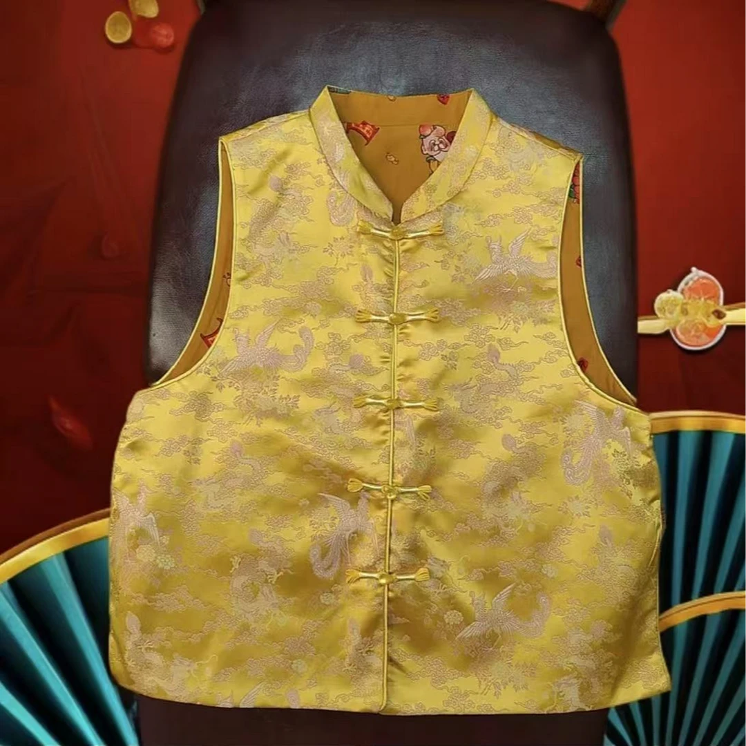 【凤至财神】春季新款双面穿新中式复古重磅提花立领盘扣马夹两面