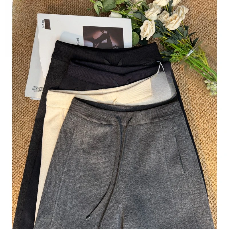 拉夏贝尔羊毛呢直筒裤女2025冬新款高腰显瘦休闲加绒加厚阔腿长裤