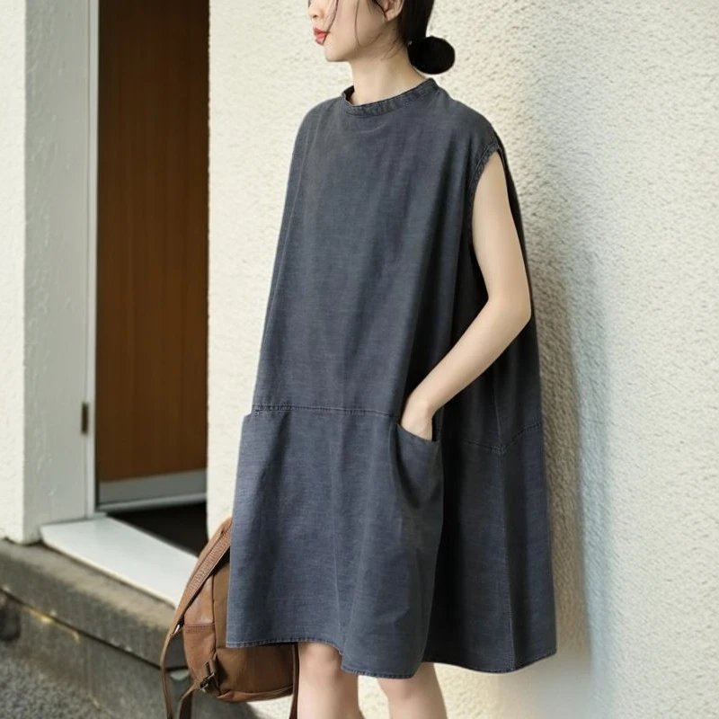 GiftPalm女装做旧文艺牛仔连衣裙女水洗中长款无袖娃娃裙时尚百搭