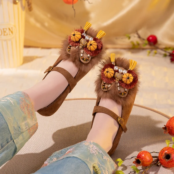 轻奢琥珀流光虎头鞋新中式玛丽珍鞋平底单鞋皮鞋流苏时尚秋冬棉鞋