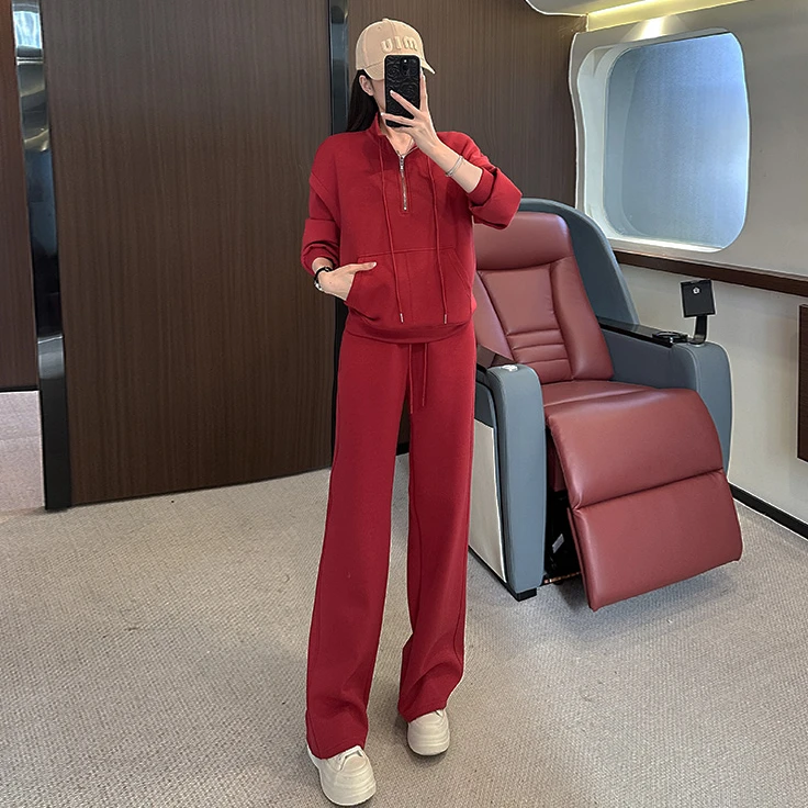时尚减龄休闲运动红色套装女春秋季洋气卫衣阔腿宽松显瘦两件套潮