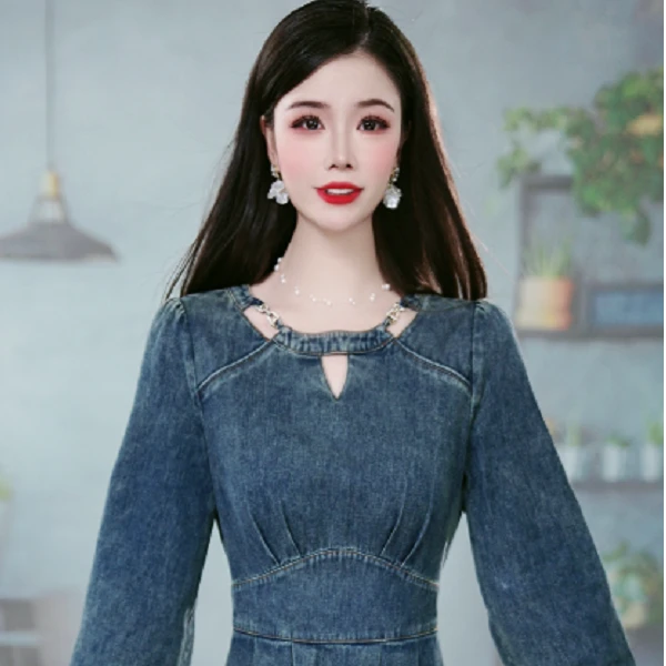 2025秋季新款气质大气优雅时尚设计感修身收腰遮肉显瘦牛仔连衣裙