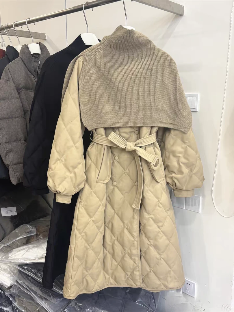 针织围巾披肩加厚棉服女2025年冬季新款韩版菱形格收腰长款外套潮