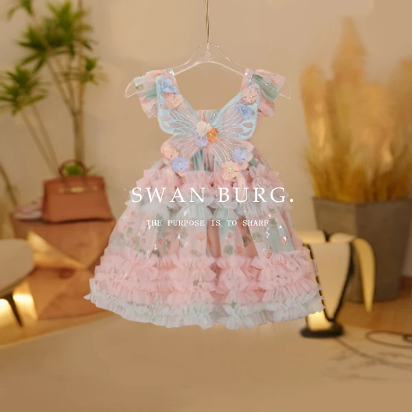 【现货】【Y.d4036】2025夏款新款女童夏季蝴蝶碎花公主裙蓬蓬连衣裙