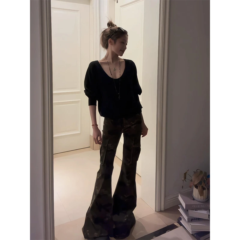 慵懒感大v领黑色针织衫蝙蝠袖长袖上衣喇叭裤长裤美式工装休闲裤