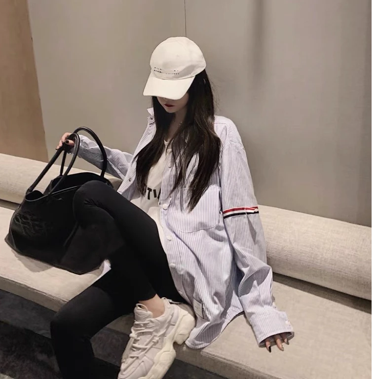 情侣款宽松经典织带条纹衬衫女