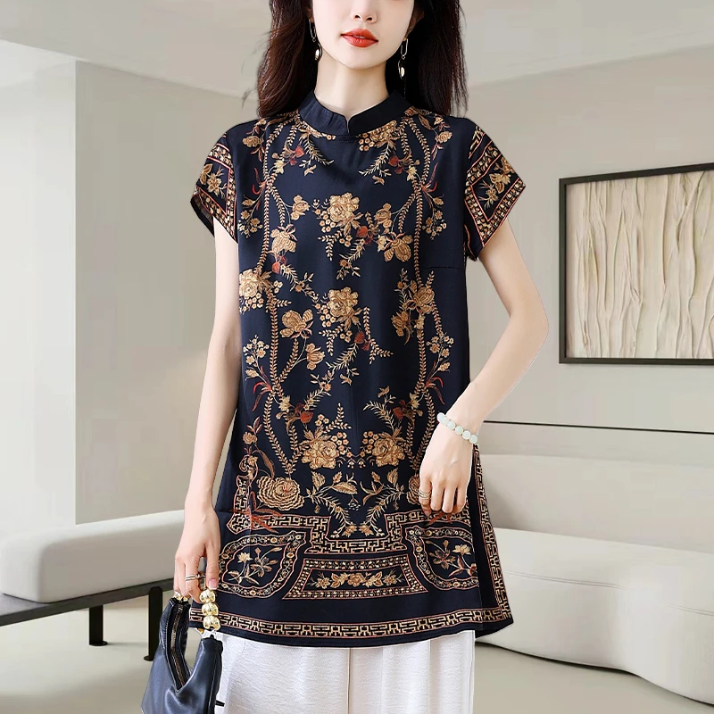 新中式国风复古短袖衬衫女夏季2025新款缎面印花立领宽松开叉上衣
