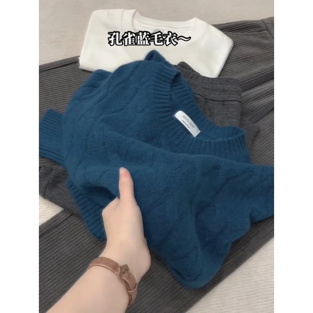软糯慵懒风孔雀蓝针织套头毛衣女秋冬季2025新款气质百搭显瘦上衣