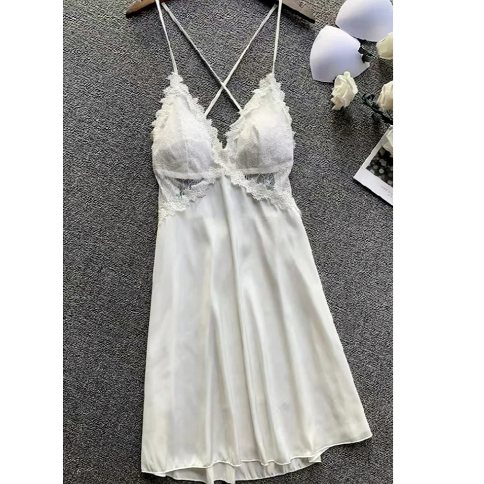 睡衣女夏季吊带睡裙薄款冰雪丝绸蕾丝边带胸垫吊带裙网红爆款