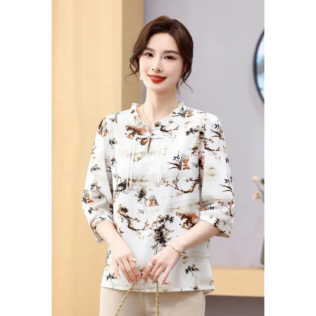 新款国风盘扣复古印花宽松百搭衬衫S295