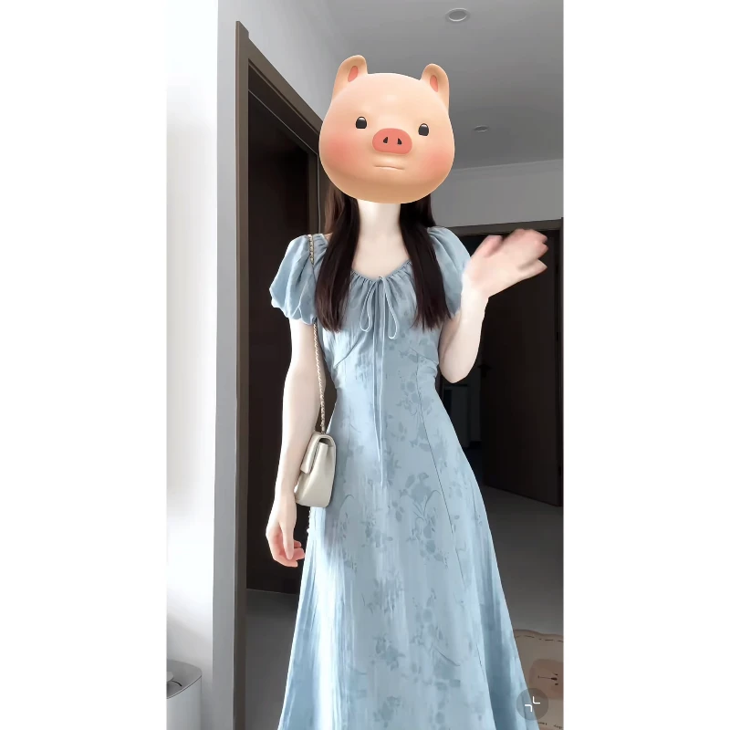 大码【花想容】夏季新款国风新中式泡泡袖蓝色收腰显瘦连衣裙长裙子