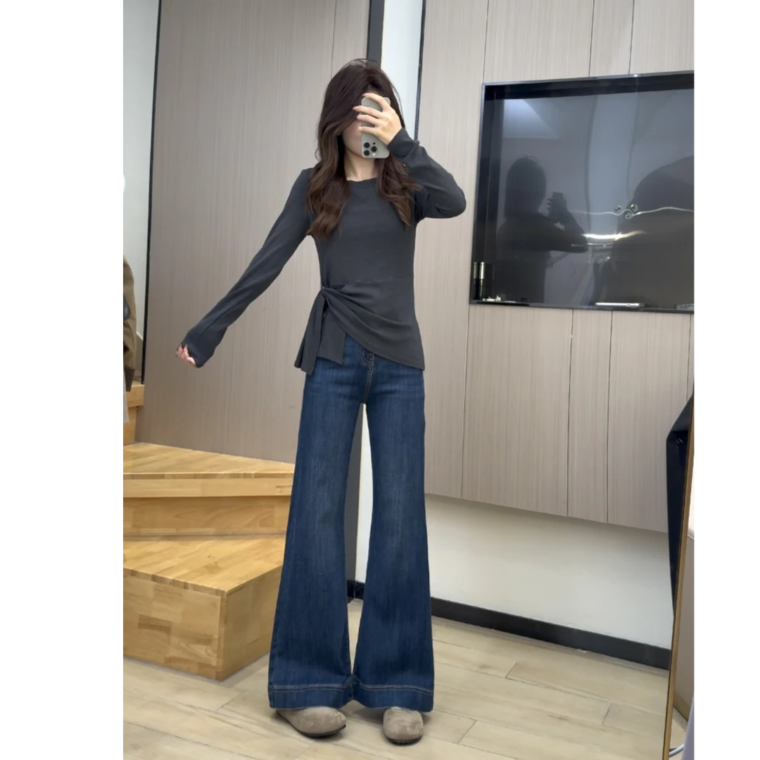 黛蓝色加绒加厚牛仔裤秋冬新款百搭宽松弹力垂感高腰喇叭裤时尚女