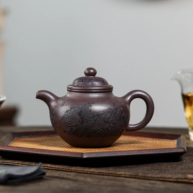 叶凡紫砂壶宜兴泡茶壶天青手工刻绘300毫升家用高端掇球壶