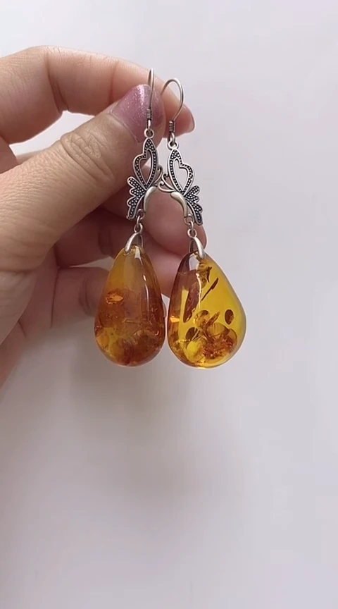 【闪购商品】琥珀裸石银S925镶嵌花珀耳坠