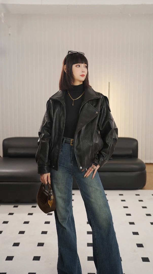 小个子版杨树1.0英胚进口自然泡头层山羊皮机车皮衣外套