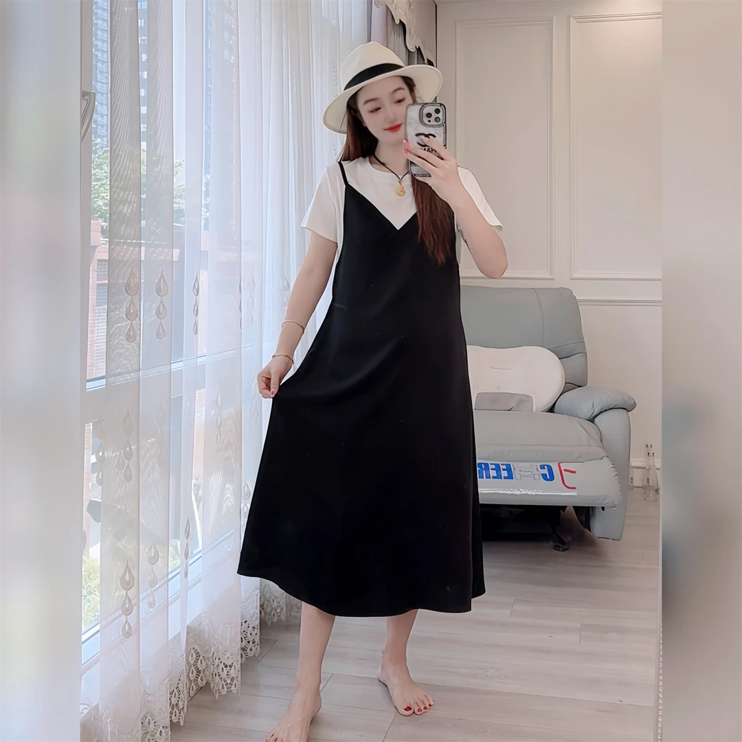 5130夏季新款连衣裙时尚气质短袖假两件显瘦拼接女装宽松百搭裙子