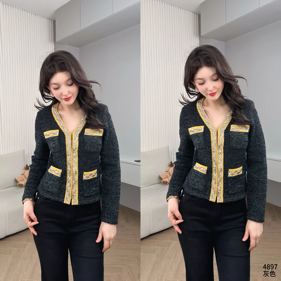 千金名媛奢华质感金钻饰边黑色圆领小香风时尚显瘦毛衣YF4897