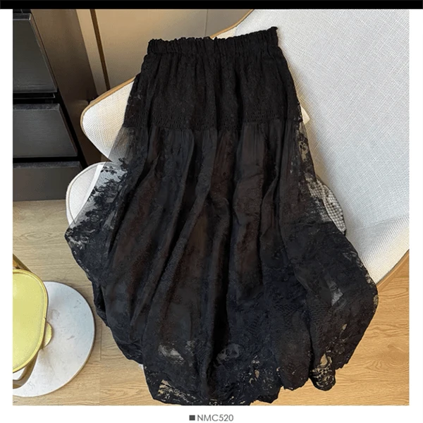 【巴韩】玲姐家166时尚百搭韩版高腰加绒蕾丝刺绣欧钩花网纱中长裙