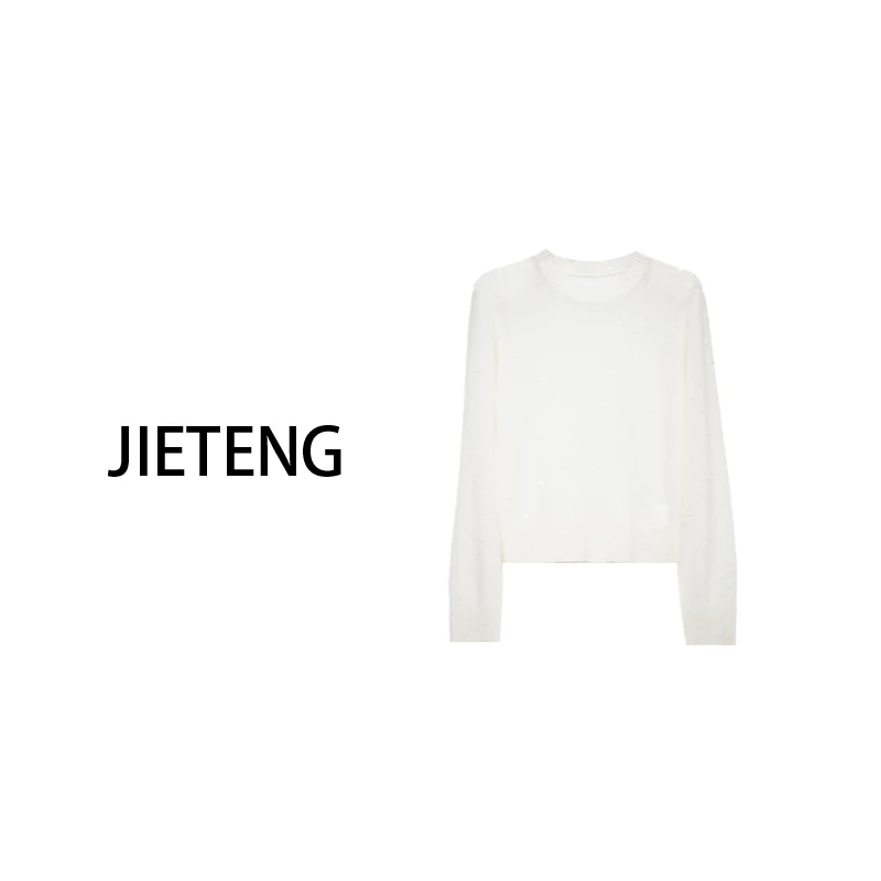 JITE 长袖针织亮片毛针织衫上衣女装白色圆领-2390