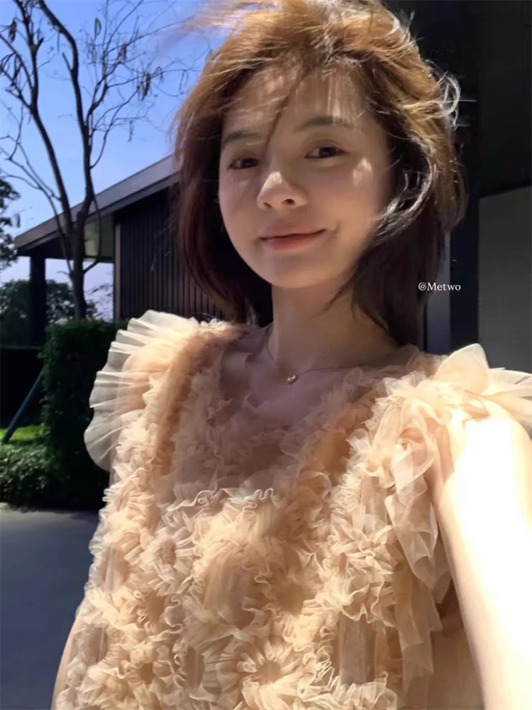 小飞袖法式茶歇粉色纱纱裙女2025夏季a字飘逸仙女连衣裙