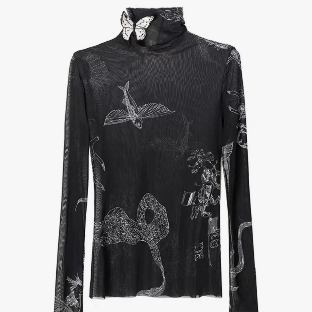 （萱萱严选）新中式立体蝴蝶网纱打底衫