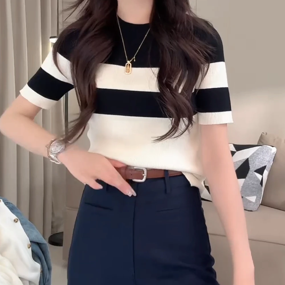 春夏新款黑白撞色经典条纹拼色修身短袖针织T恤上衣女2025新品