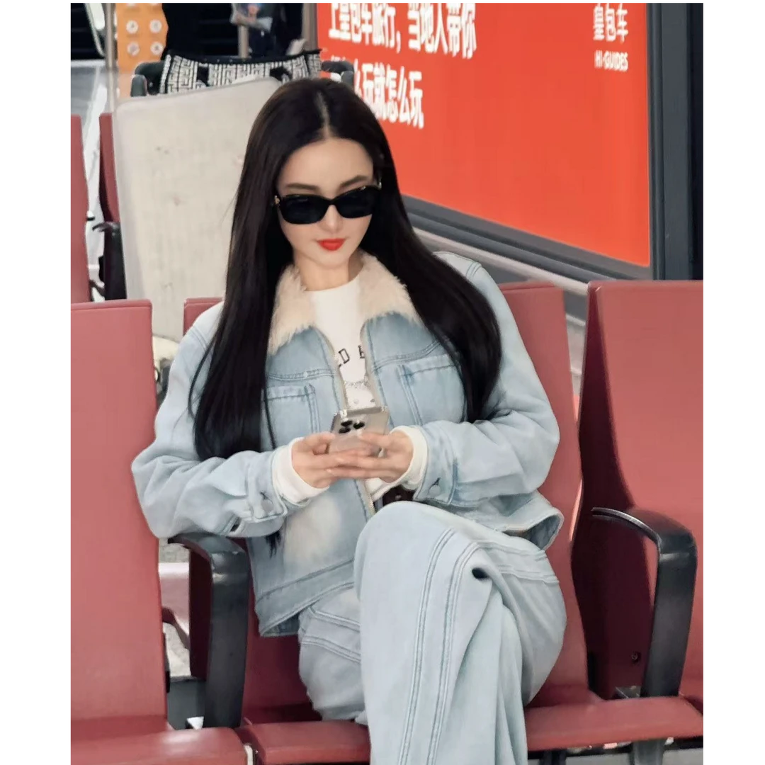 【乘风破浪】2025冬季新款时尚百搭休闲设计师加绒牛仔套装L5577