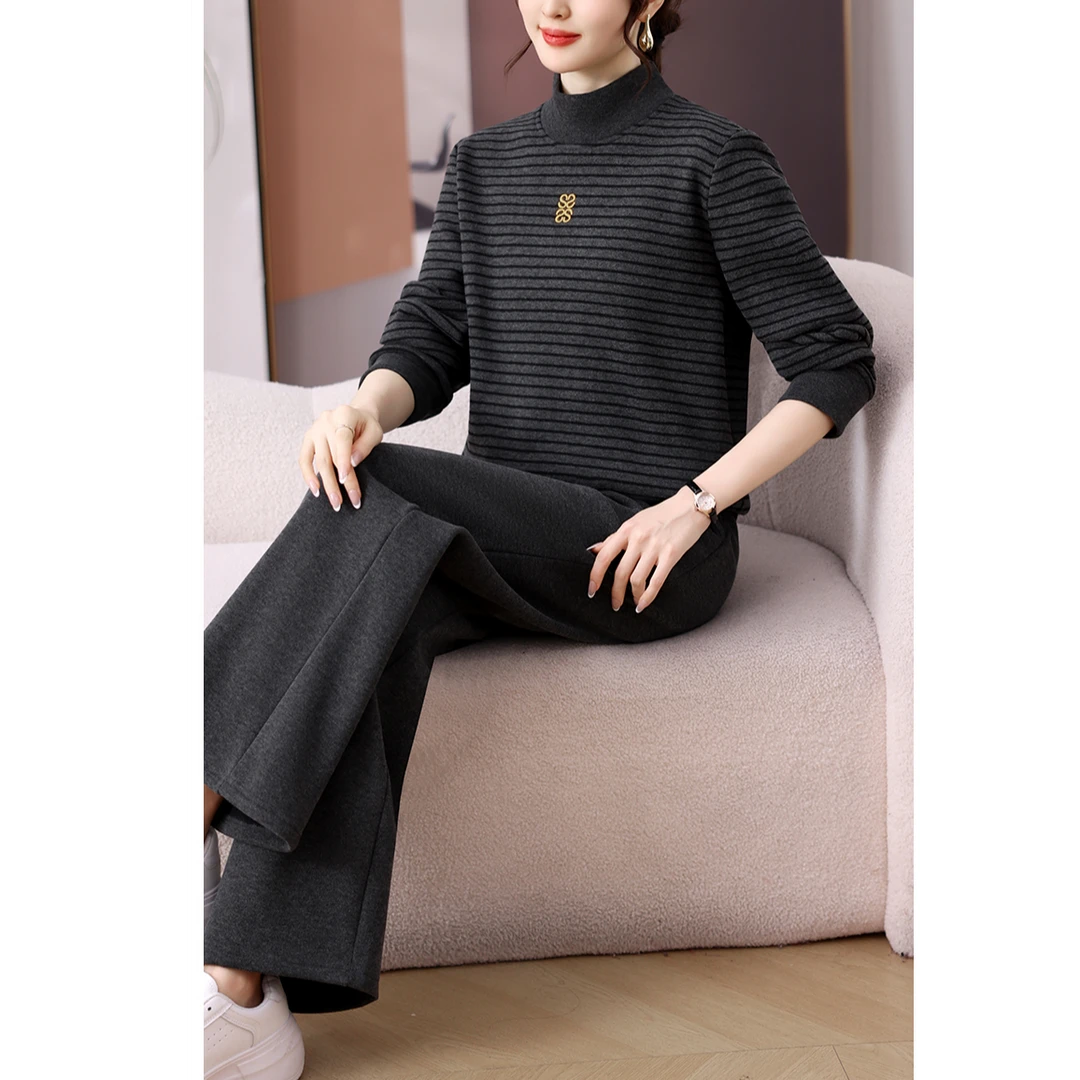 W8286运动套装女秋冬条纹加厚保暖卫衣显瘦洋气休闲服两件套