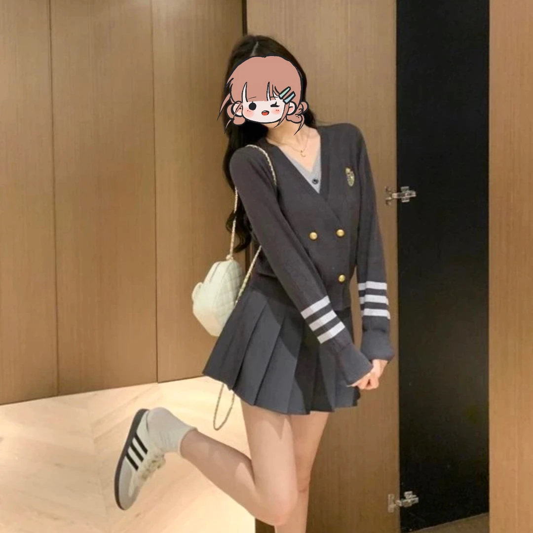 「欧若风」气质穿搭套装女2025减龄学院风针织衫+百褶短裙两件套