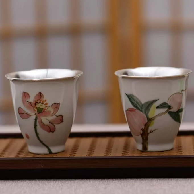 复古白瓷手绘枇杷闻香寿桃杯陶瓷主人杯功夫茶瓷包银杯