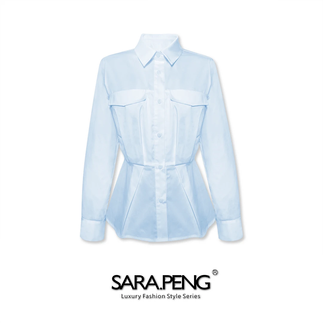 S.P风姿卓卓/别致收腰通勤设计时尚长袖衬衫褶皱双口袋减龄上衣