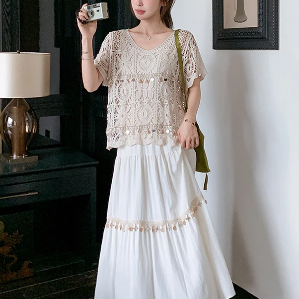 2025夏季新款度假风女波西米亚浪漫腾镂空钩花蝙蝠袖上衣