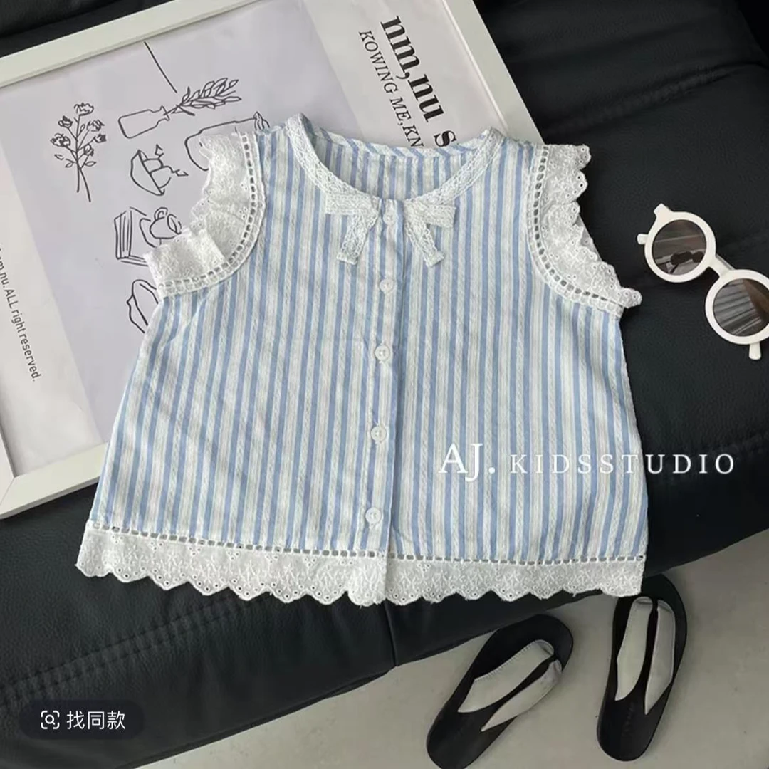 女童夏装2025薄款韩系小清新蕾丝拼接条纹衬衫无袖上衣外穿百搭潮